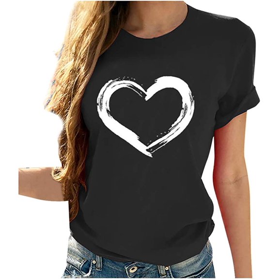 Attine Bohemian Hawaiian Shirts Women, Women's Heart Printed Tee Short Sleeve T-Shirts Round Neck Trendy Dressy Casual Tees Black Medium