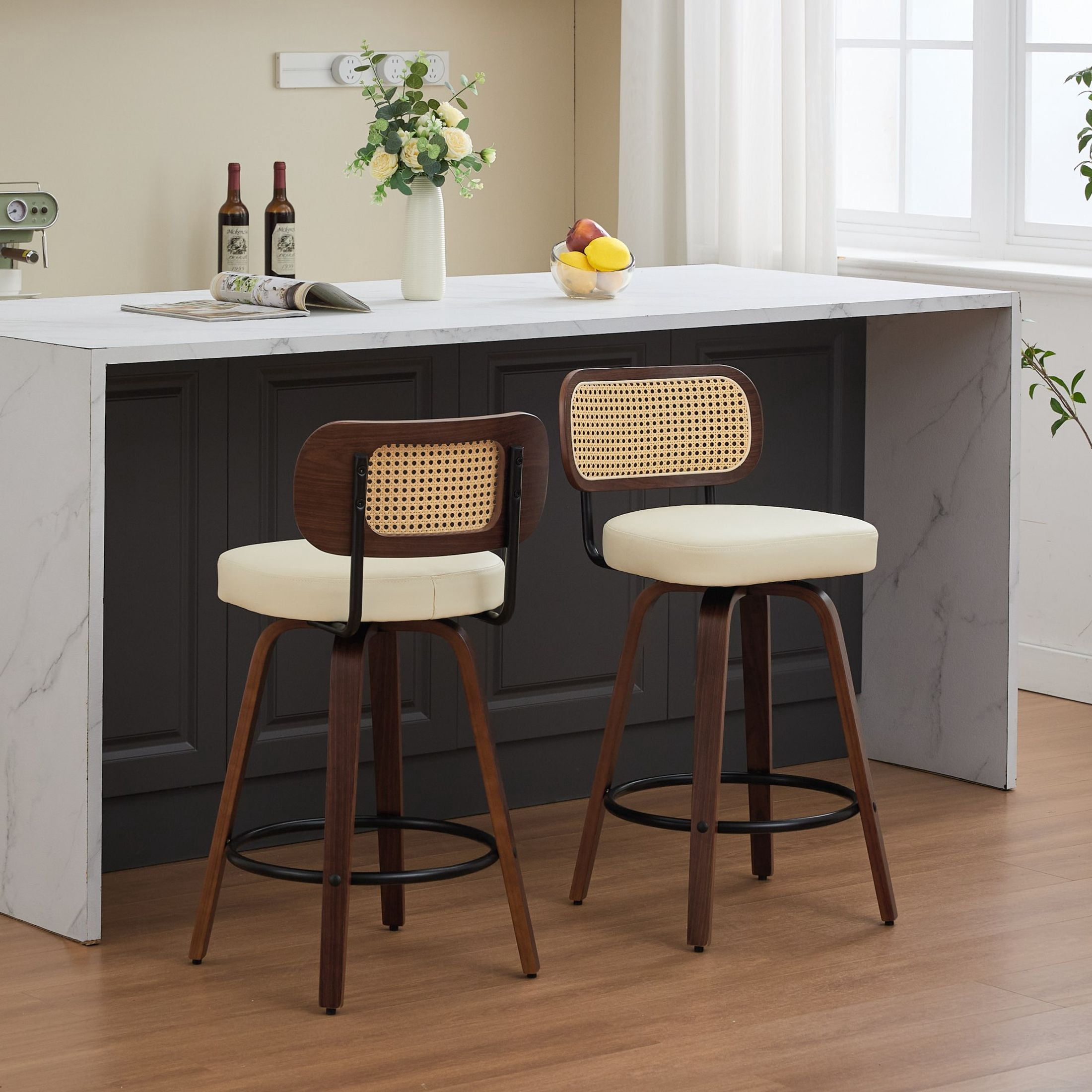Noble House Set of 2 Counter Height Bar Stools, Cane Back, PU Seat, Walnut + Beige
