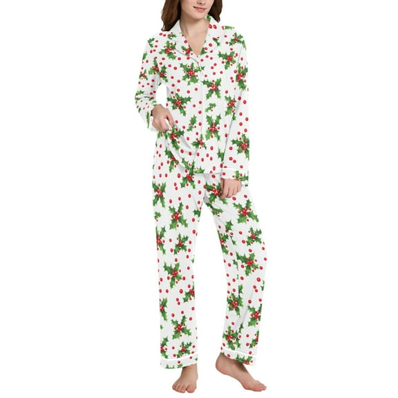 joogoo Pajamas Set for Women Christmas Fir Berry Long Sleeve Pjs Loungewear L
