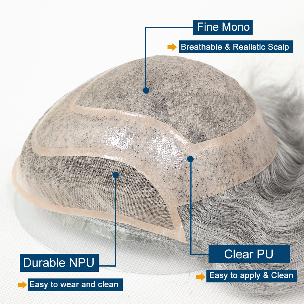 Toupee Men Mono Top with PU around and French Lace in Front Mens Toupee 20% 1B Black Color Mixed 80% Grey Hair Replacement System for Men