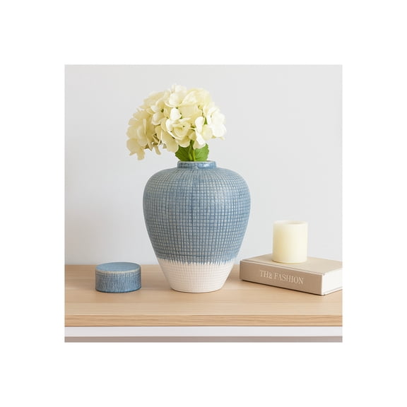 Sagebrook Home Two Tone Ceramic Lidded Jar for Living Room Decor - Jar Accent for Entryway, Office, and Kitchen - 15", Blue & White