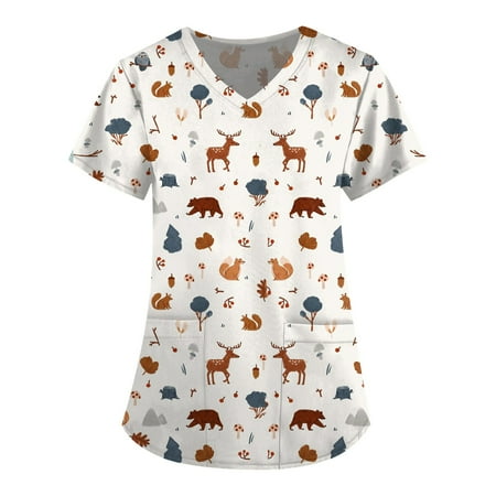 

QAZXD Womens Summer Tops Floral V-Neck Short Sleeve Scrub Tops with Two Pockets Pullover White 3XL
