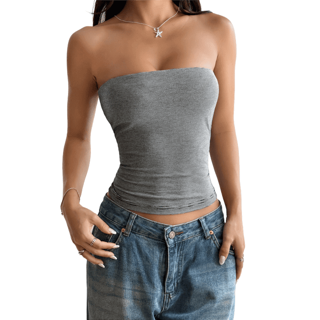 Tops de Verano para Mujer, Sin Tirantes, Sin Relleno, para Discoteca, Estilo Y2K, para Salir, Elásticos, Básicos, Informales, Camisola Azul Marino S