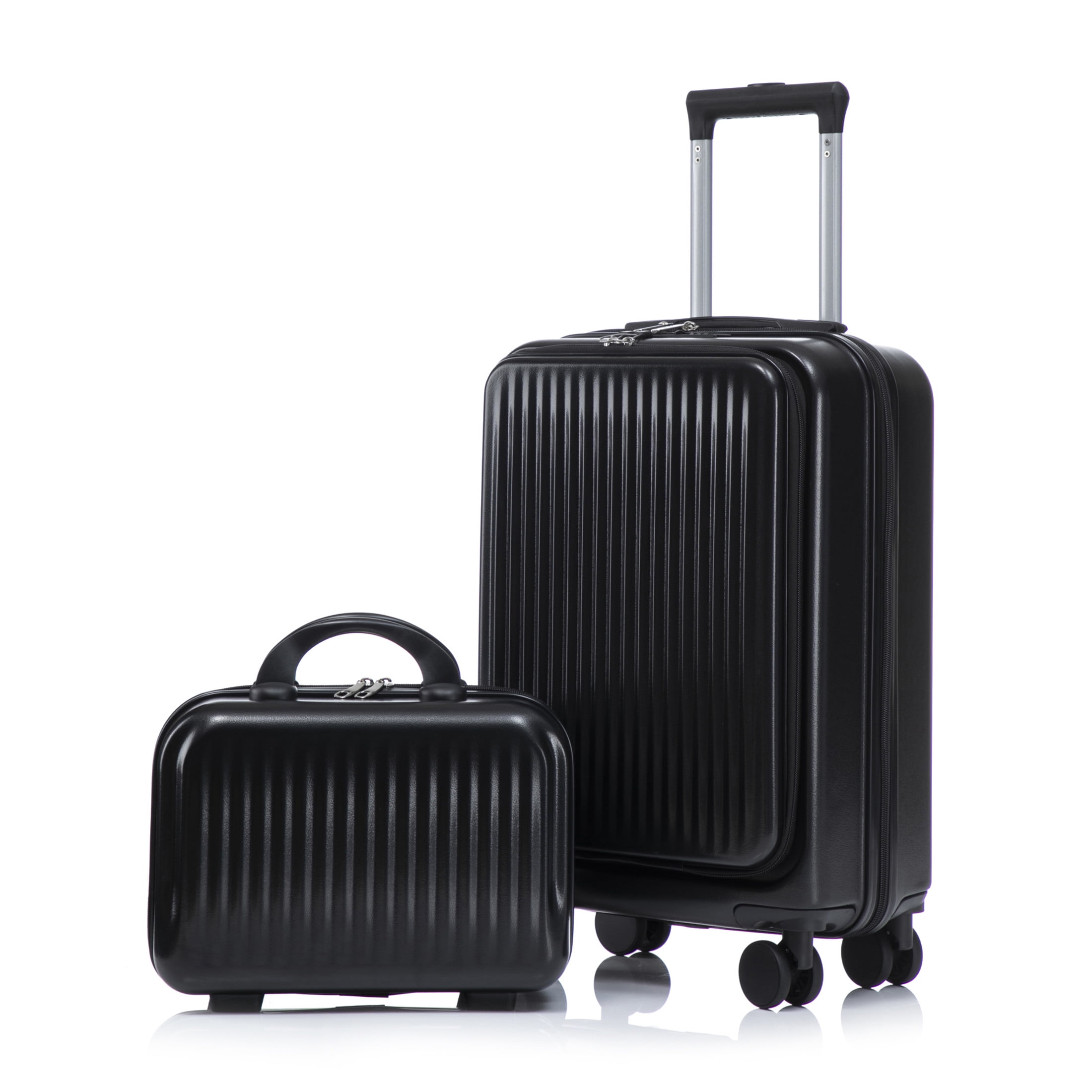 GDF Studio 20" Carry-On Spinner Luggage Set with 14" Cosmetic Case, Lockable and Front Opening, Black
