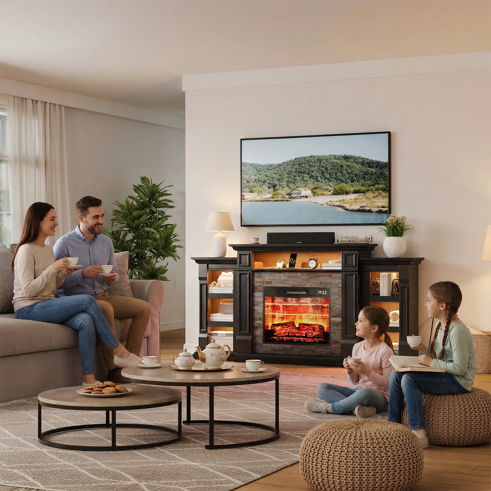 Holliwill 72" TV Stand for TVs up to 80" with Charging Station & LED Light, Electric Fireplace with Mantel, Entertainment Center with 23" Red Brick Electric Heater, Black