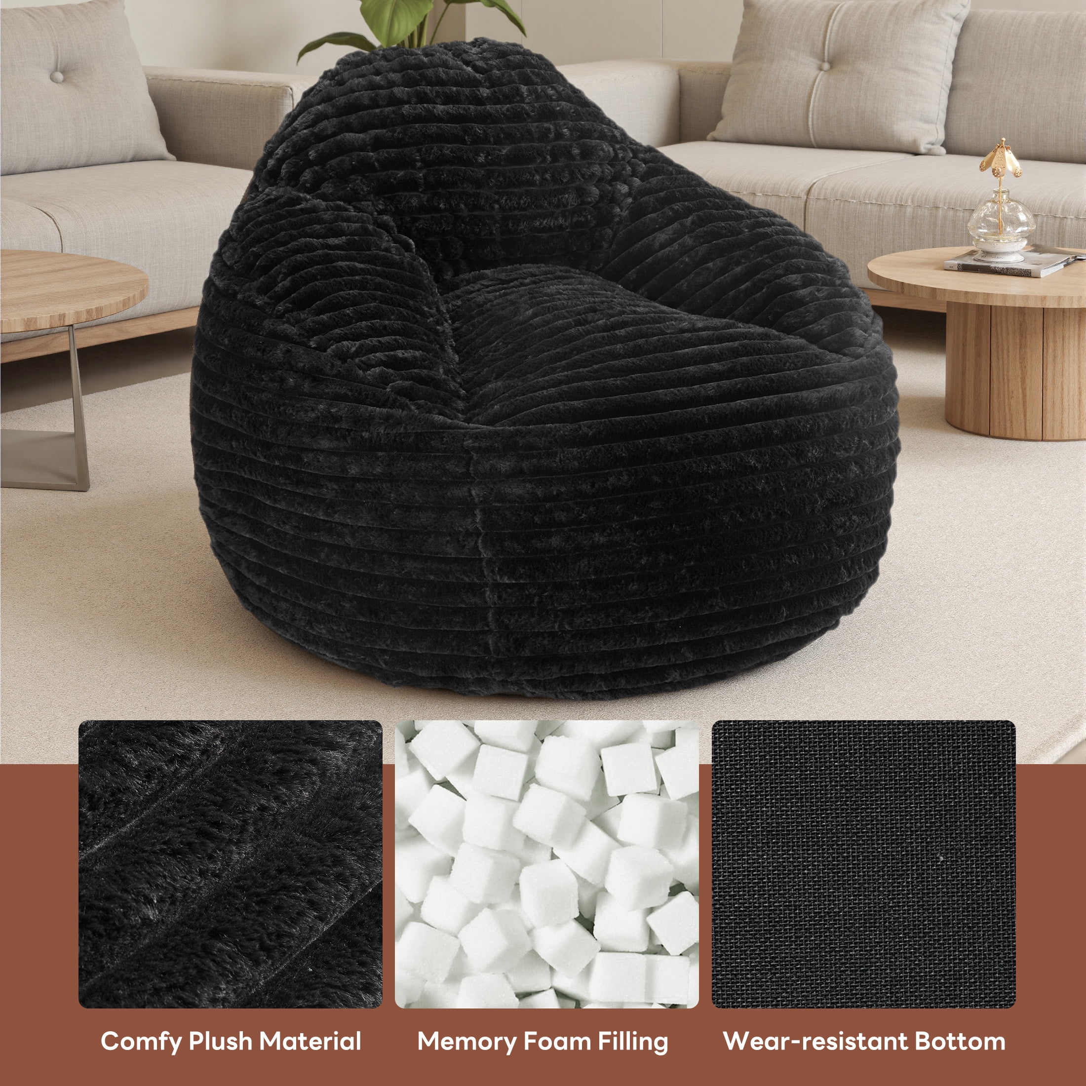 edx Bean Bag Chair Lounger Chair, Cozy Beanbag Sofa with Removable Fabric Cover for Living Room Bedroom College Dorm, 3.2 ft Black
