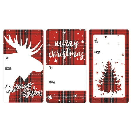 Distinctivs Red and Black Plaid Christmas Gift Wrap Tag Stickers, 75 Labels - Peel and Stick