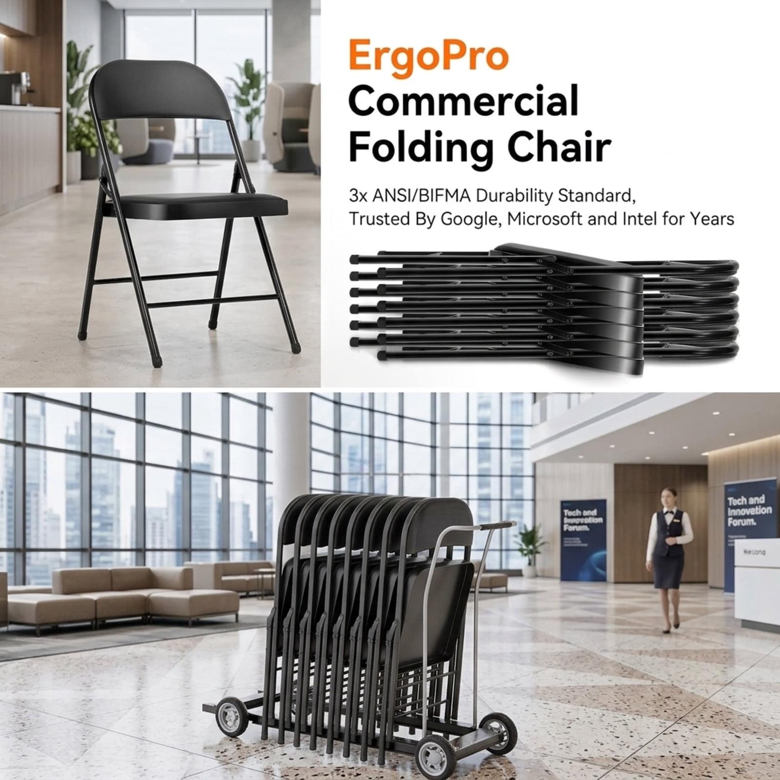 Fenbeli Folding Chair with Cushion, Black Faux Leather Padded Seat and Sturdy Metal Frame, Foldable Single Chair for Home Office Dining and Events