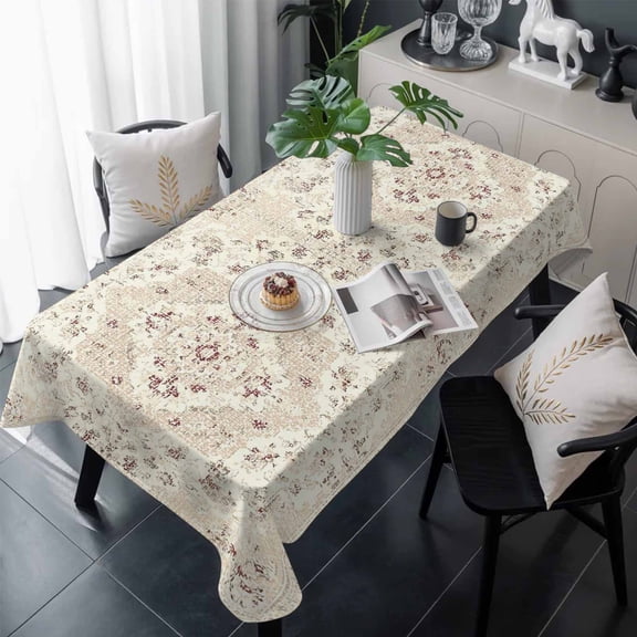 Beige Boho Table Cloth Waterproof Tablecloths, Vintage Ethnic Floral Abstract Geometric Tablecloth Dining Table Cover for Kitchen Party Tabletop Outdoor, Rectangle Tablecloth 60x120 Inch