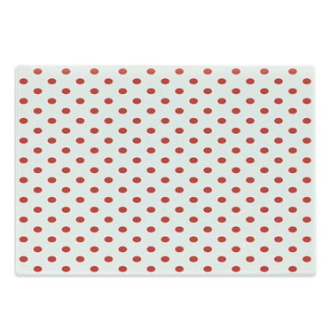Geometric Cutting Board, Classical Pattern with Country Picnic Theme Retro Style Polka Dot Shapes, Decorative Tempered Glass Cutting and Serving Board, Large Size, White and Vermilion, by Ambesonne