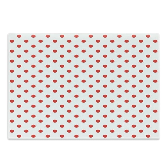 Geometric Cutting Board, Classical Pattern with Country Picnic Theme Retro Style Polka Dot Shapes, Decorative Tempered Glass Cutting and Serving Board, Large Size, White and Vermilion, by Ambesonne