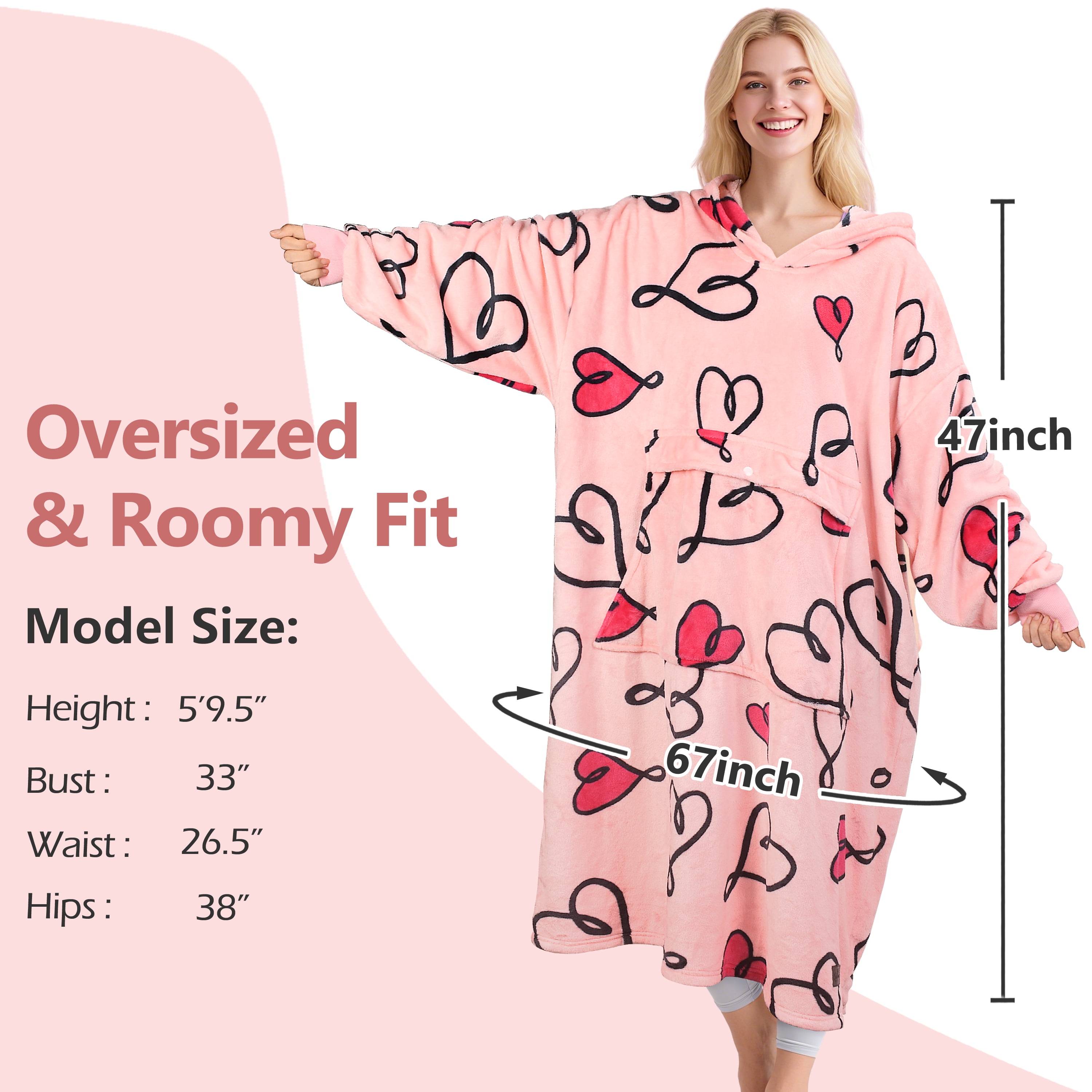 Catalonia Valentine's Day Gift Womens Oversized Flannel Blanket Hoodie Sweatshirt, Plush Fleece Lined Lounging Pullover, Christmas Gift for Women (LOVEART Pink)