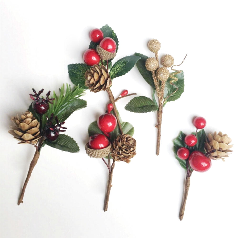5Pcs Artificial Flower Christmas Red Berry Pine Cone Holly Branch Decor HOT SALE 