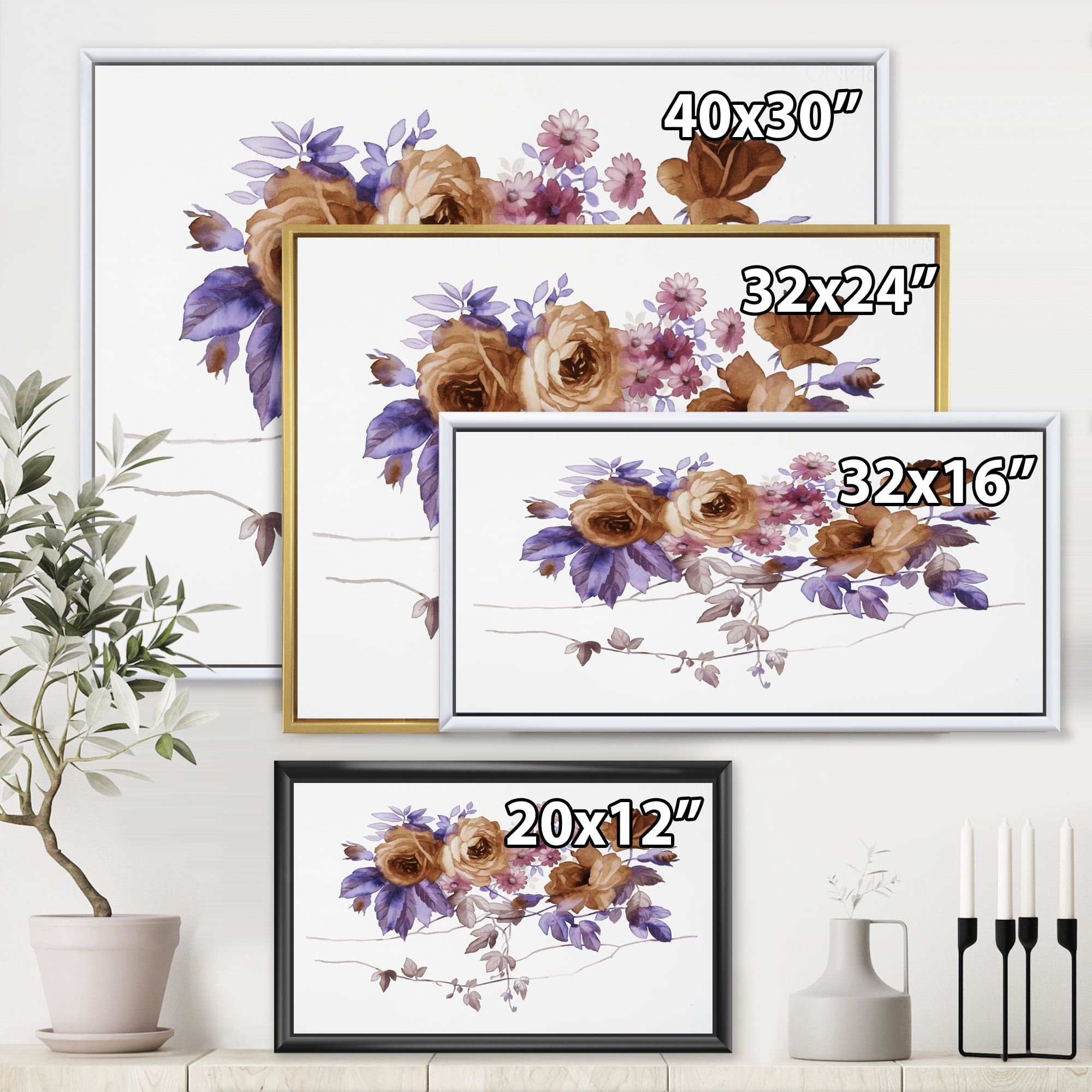 Purple Wildflowers On White IV 32 in x 24 in Framed Painting Canvas Art Print, by Designart