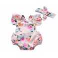 thumbnail image 1 of Baby Girls Flying Sleeve Flower Open Back Romper+Bow Headband, 1 of 6