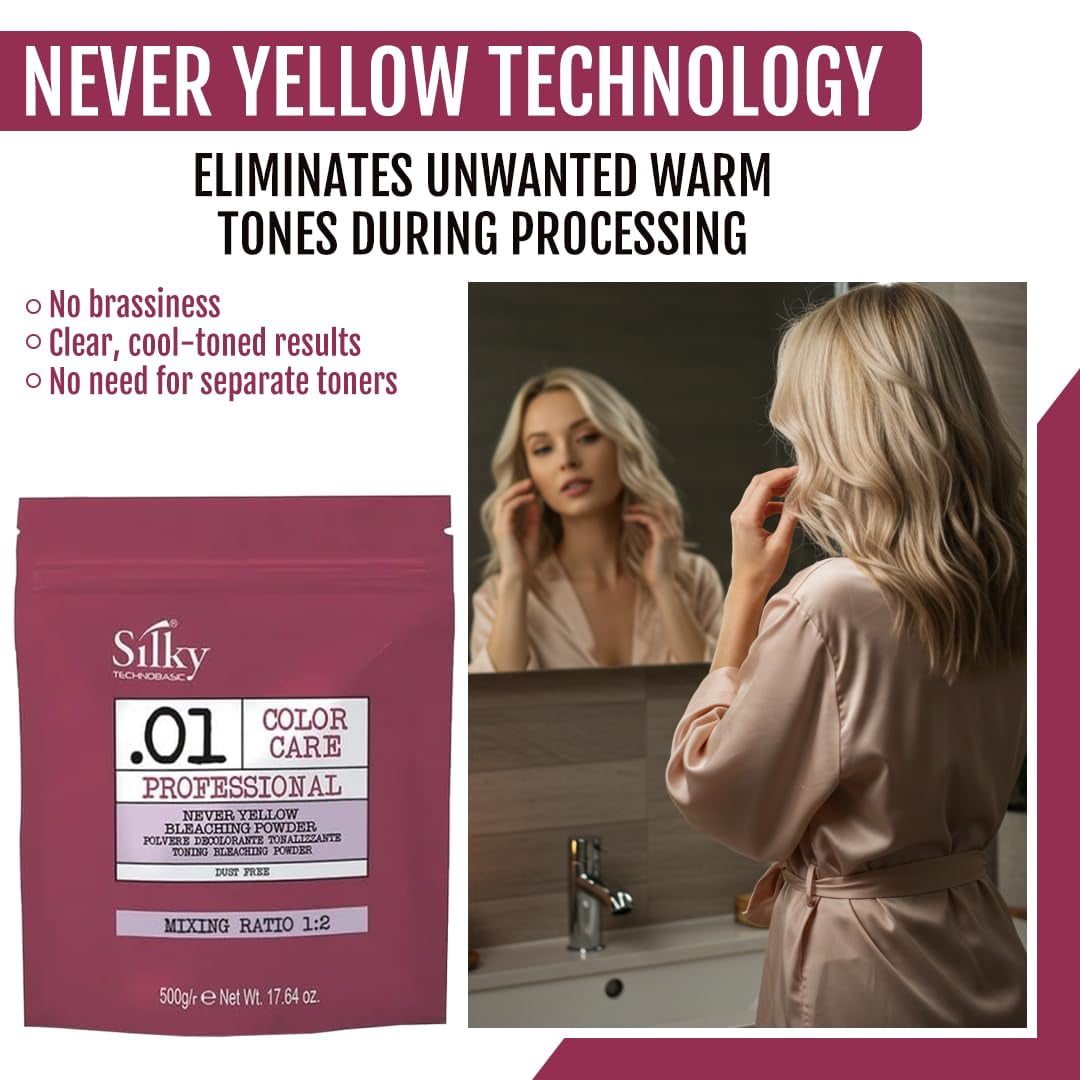 SILKY.01 Never Yellow Hair Bleach Powder - Bleach for Dark Hair with No Yellow Tones for Smooth & Salon-Quality Results - Bleaching Powder with Lightening Formula Safe for All Hair Types - 17.64 oz