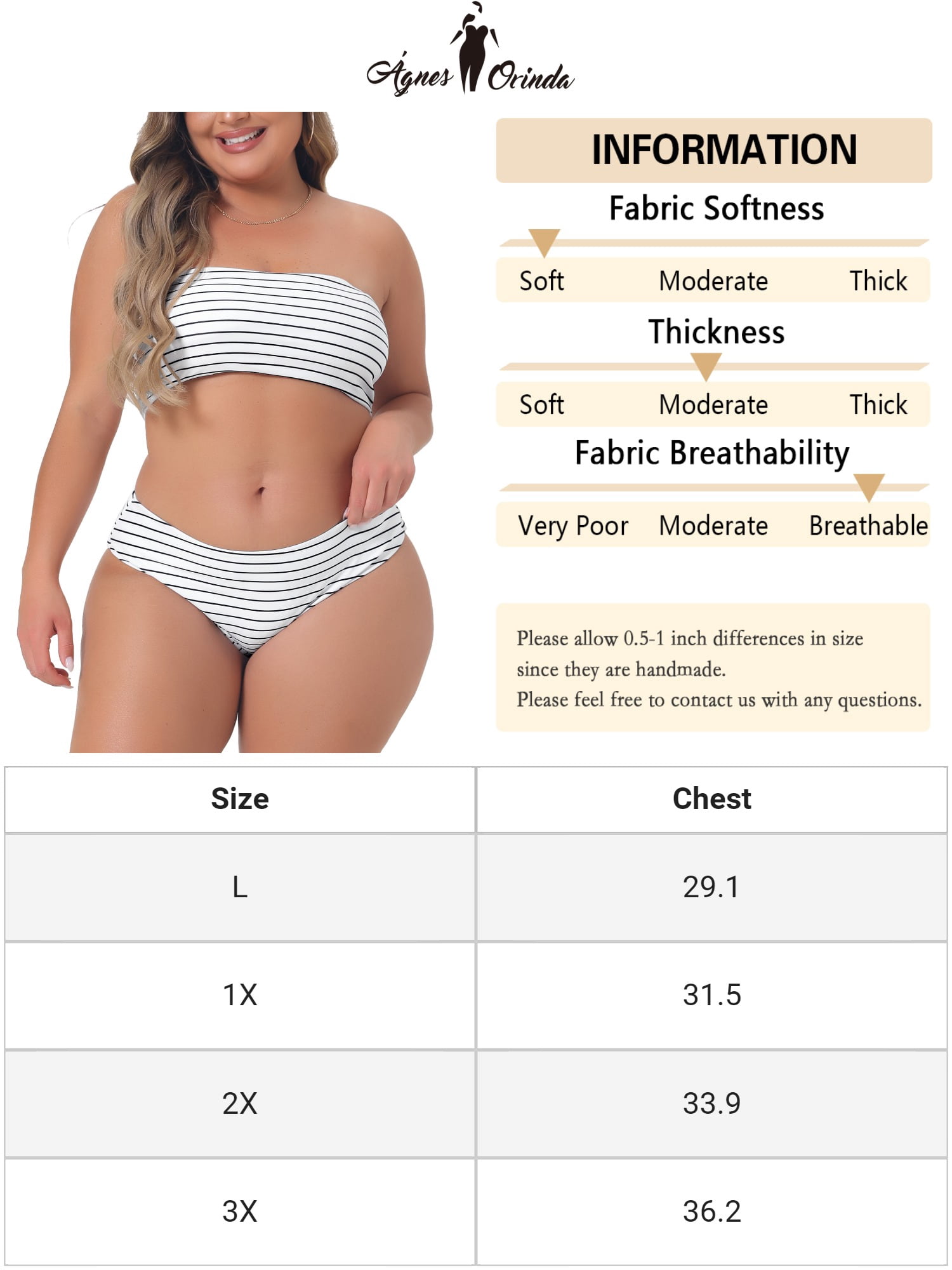 DARING DIVA Women's Plus 2pcs Bandeau Bikini High Waist Bathing Suit 3X White Stripes