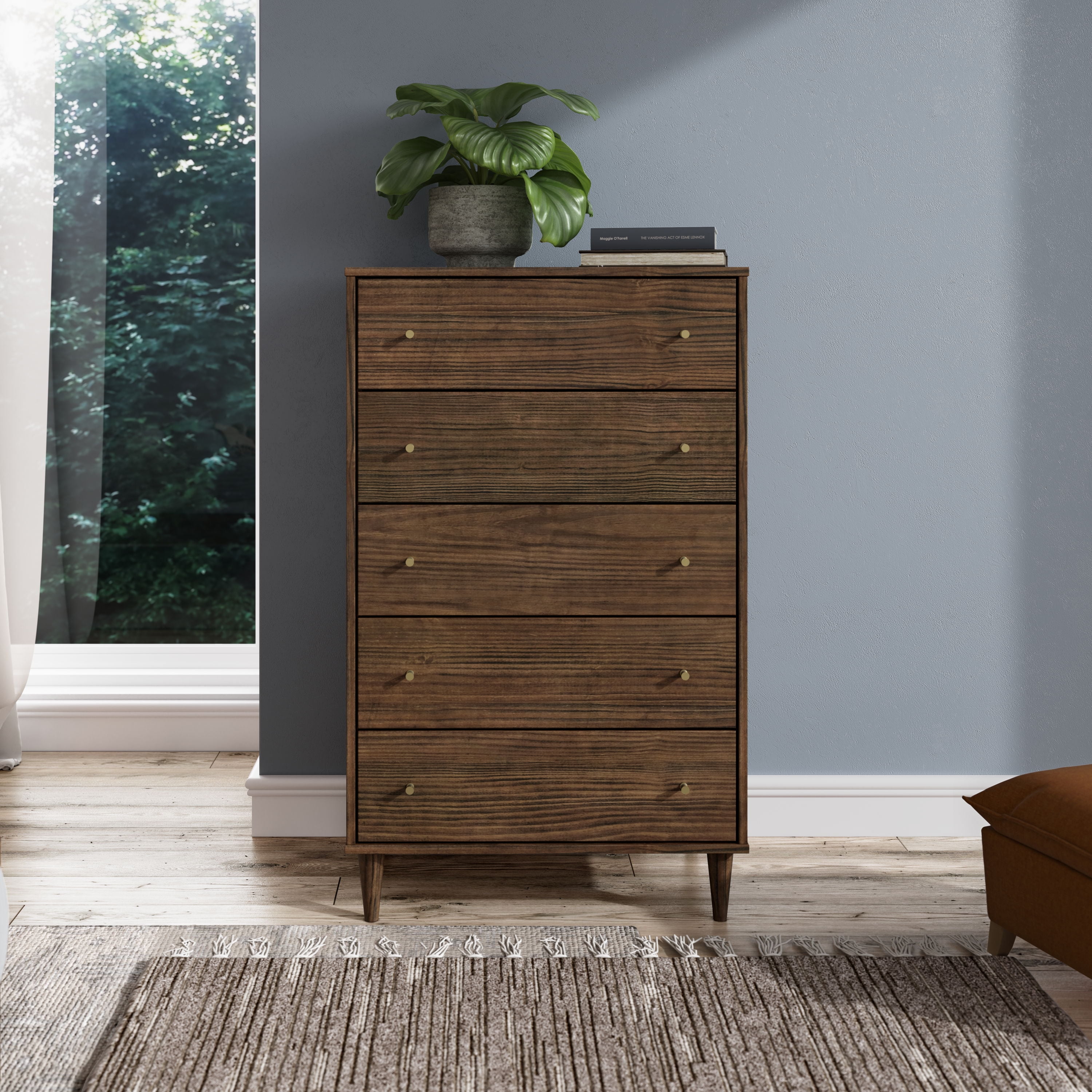 Grain Wood Furniture Mid Century 5-Drawer Chest, Brushed Walnut