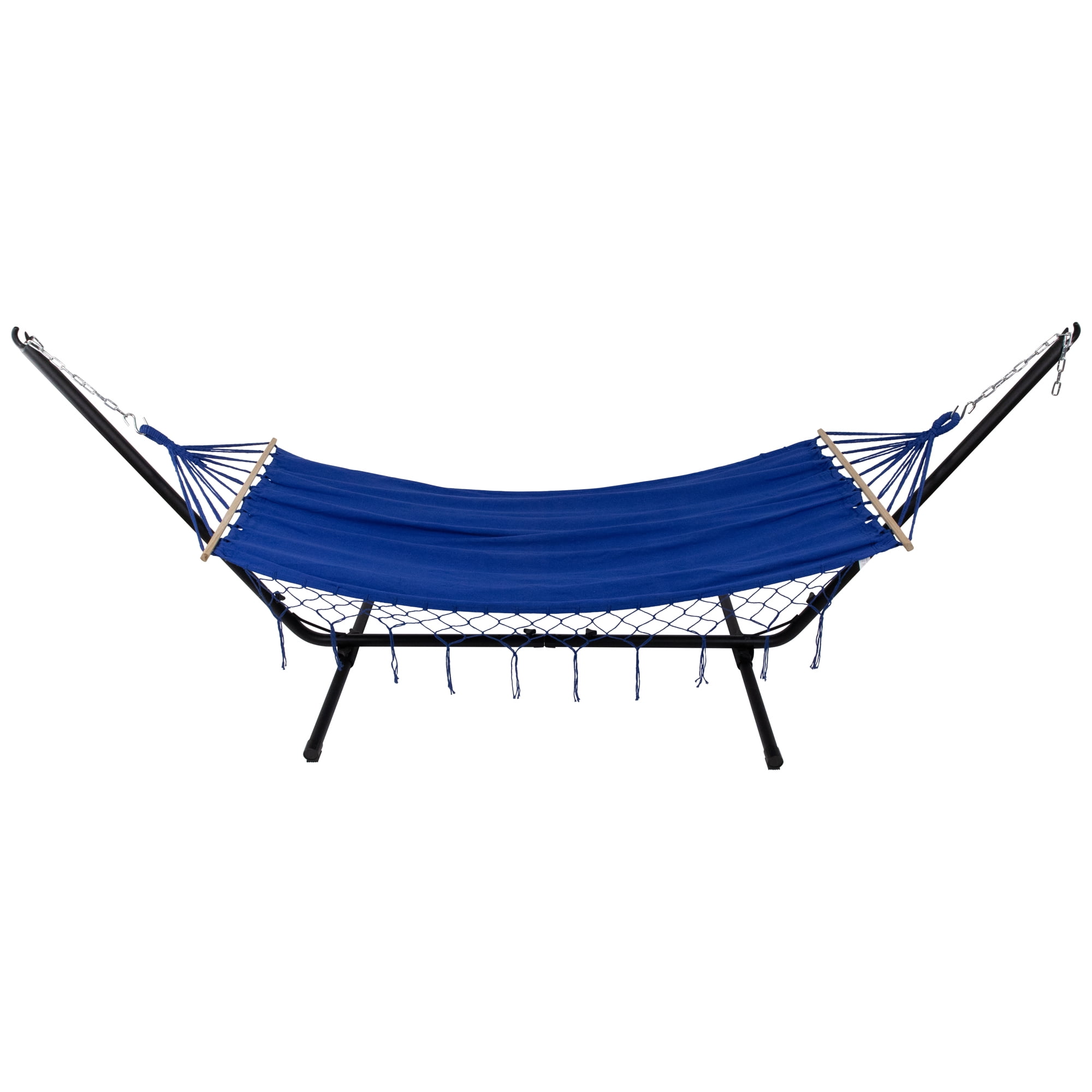 Northlight Hammock with Netted Fringe and Wooden Bars - 100" x 41" - Blue