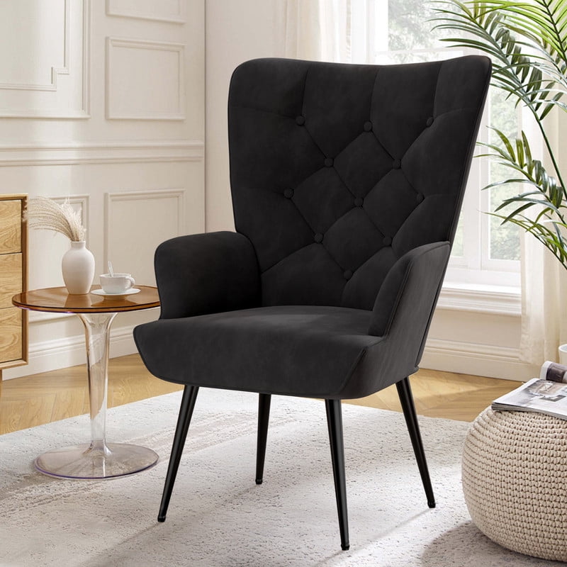 Hawsaiy High Back Velvet Accent Chair Set of 2 with Metal Legs, Modern Mid Century Armchair, Wingback Reading Chair for Bedroom Living Room,Black