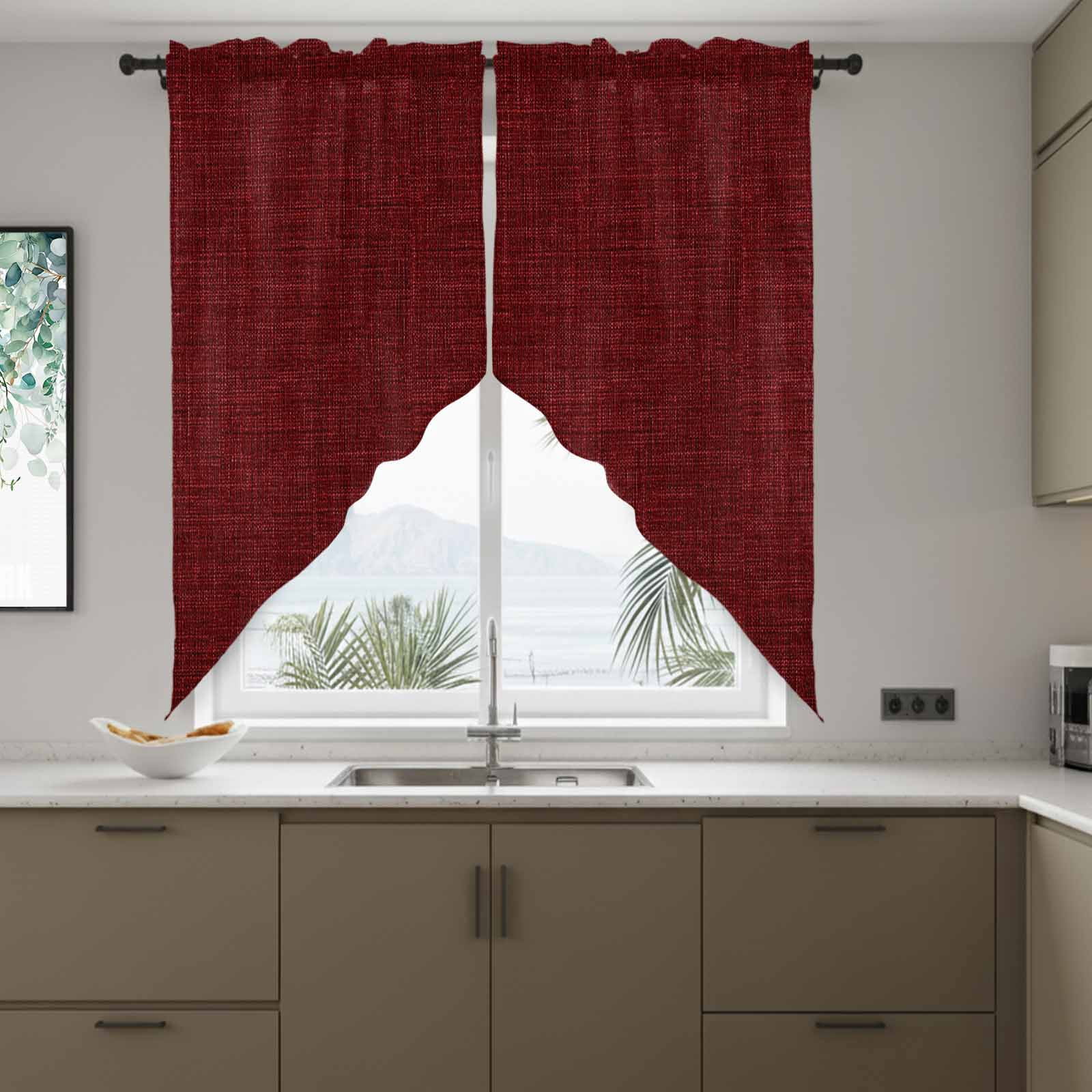 Swag Valance Curtains for Windows, Vintage Dark Red Light Filtering Kitchen Curtains, Farmhouse Retro Solid Color Linen Texture Window Treatment Valances for Living Room, 36x36 - 2 PCS