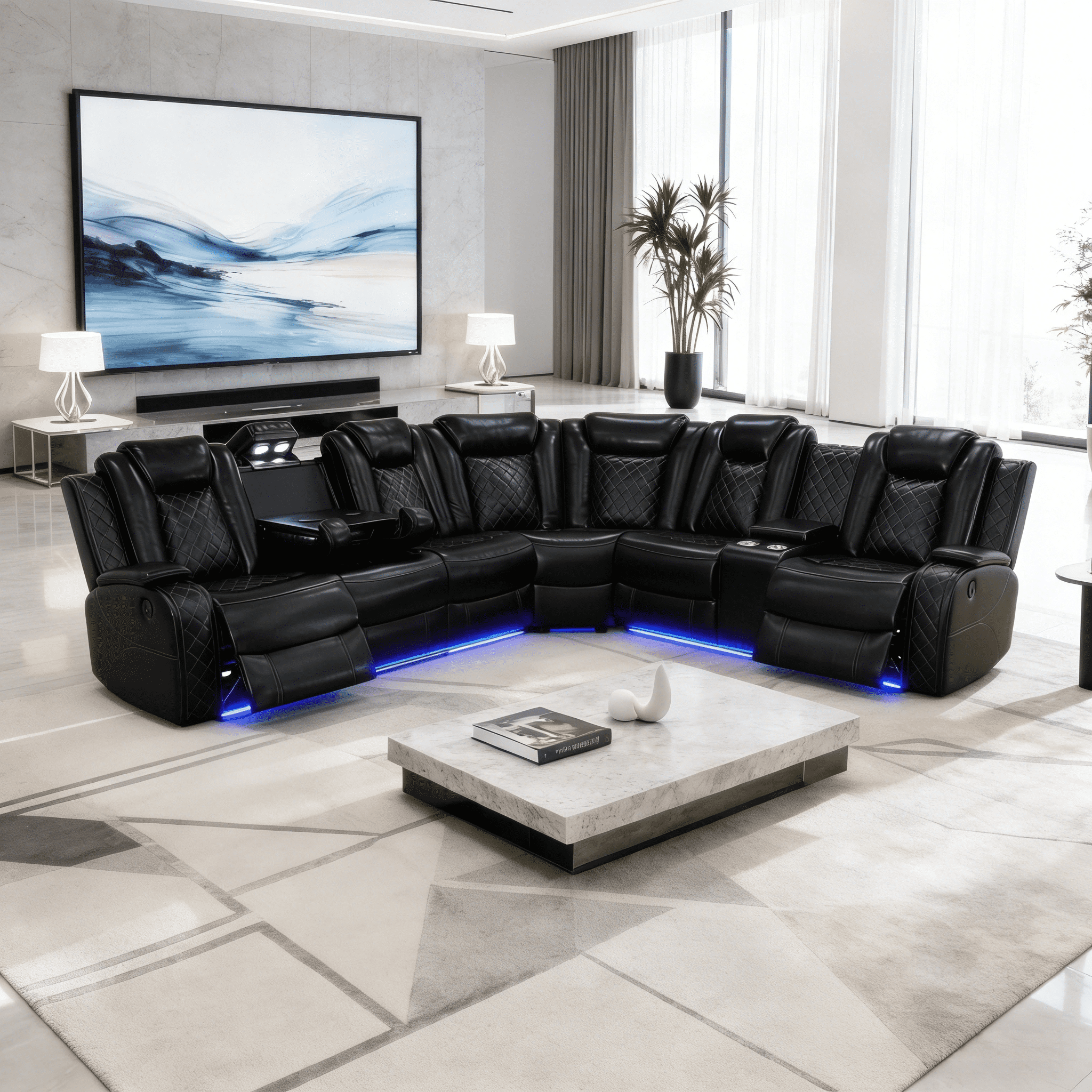Gewnee Oversize Power Reclining Sofa, Air Leather, LED Light, Cup Holder, Wireless Charging, for Living Room Home Theater, Black