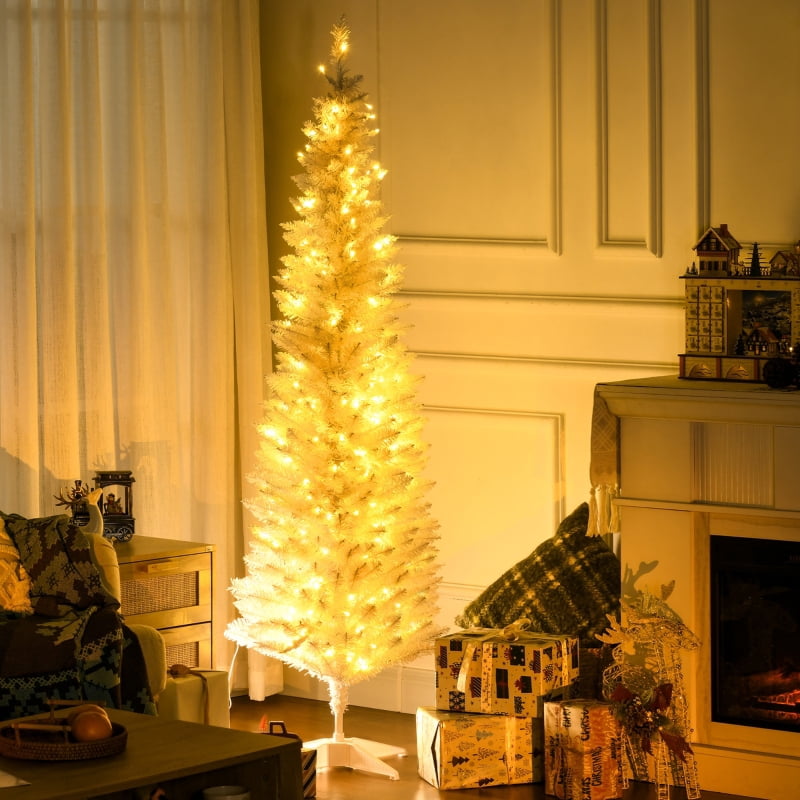 Alvantor Christmas Tree Pre-Lit Pencil with Warm White LED Lights, Slim Holiday Decor 19.75"x19.75"x72" 6ft White