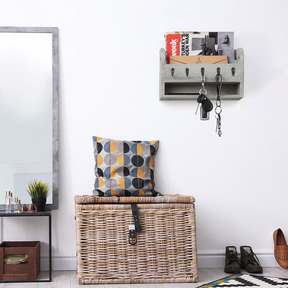 Rustic Wall-Mounted Wood with 5 Key Hooks Key Newspaper Letter Holder Decor,Grey