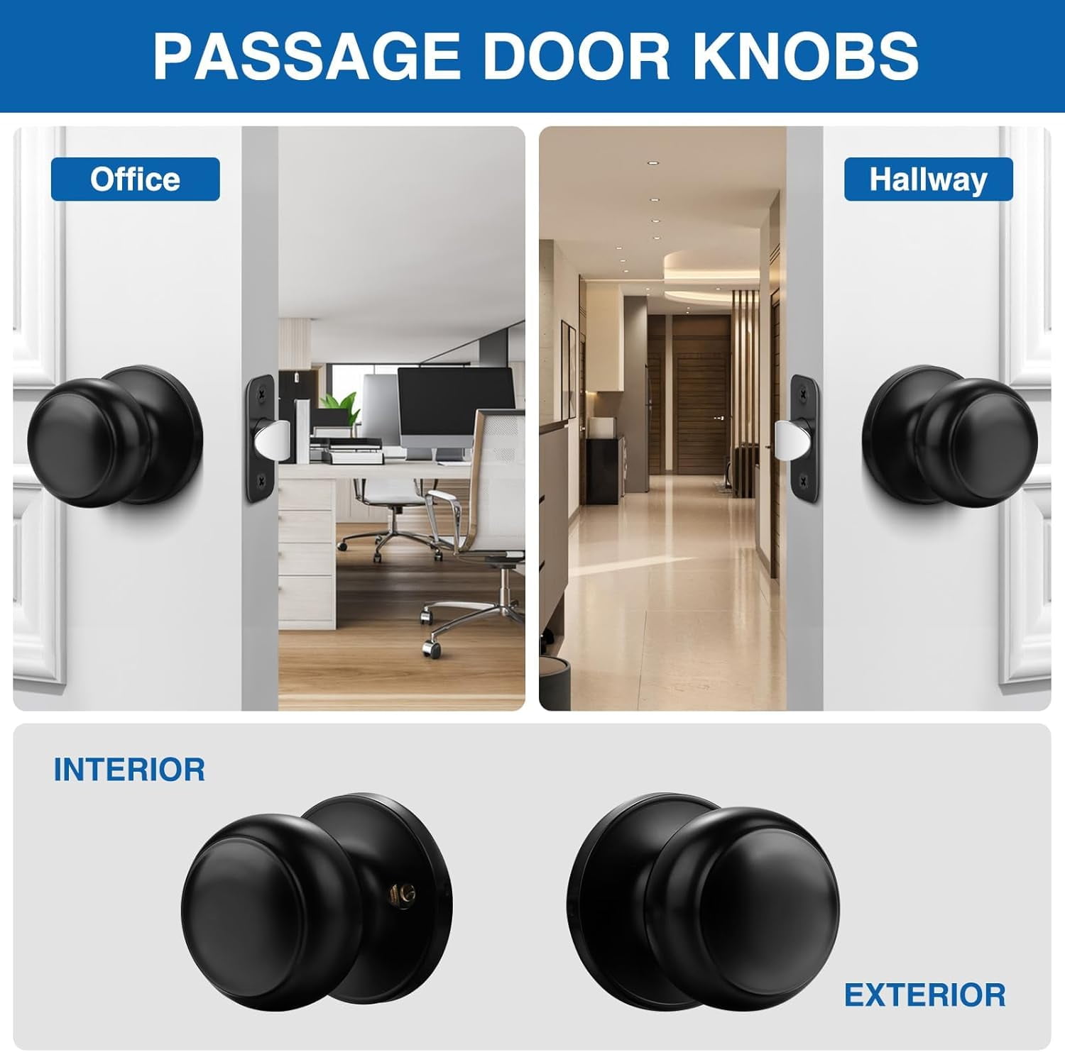 Black Door Knob, 5 Pack Round Keyless Doorknobs Interior/Exterior Lockset, Passage Locking Door Knobs for Bedroom/Bathroom, Black Modern Design Door Hardware