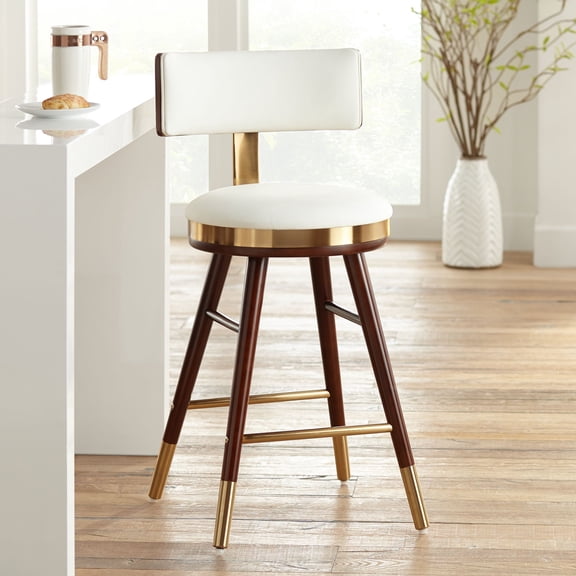 Studio 55D Parker Walnut Metal Bar Stool Brown Gold 25 1/2" High Modern White Leather Cushion with Backrest Footrest for Kitchen Counter Height Island