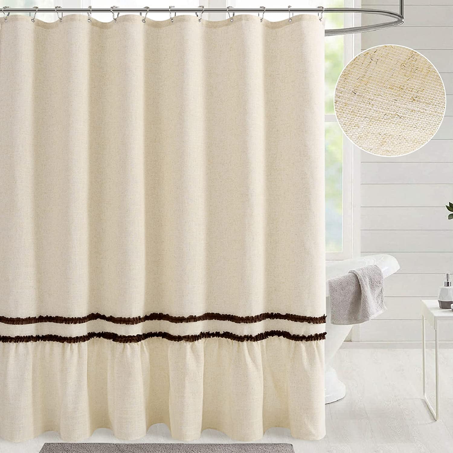 aoselan Linen Shower Curtain Rustic Shower Curtain with Hooks Neutral