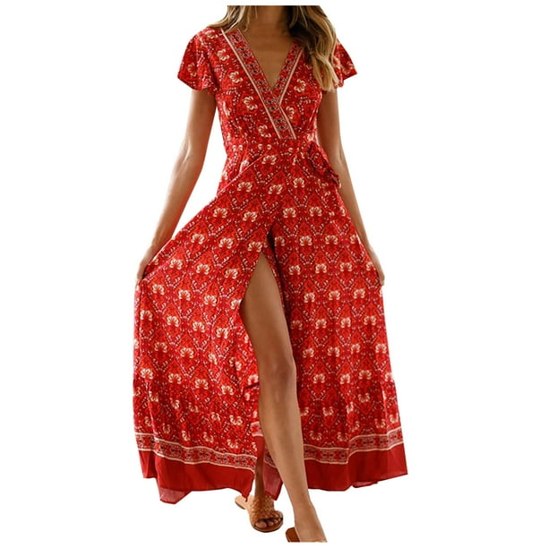 Vestido largo de manga corta con cuello en V profundo y abertura lateral de verano bohemio para mujer con cinturón Fridja nalpqowj28627
