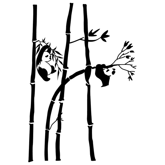 Vinyl Adhesive 20" x 29" Pandas Hanging On The Bamboo Trees Wall Decoration Sticker Wild Bear Animal & Tree Silhouettes Design Removable Kids Bedroom Home Wall Decal