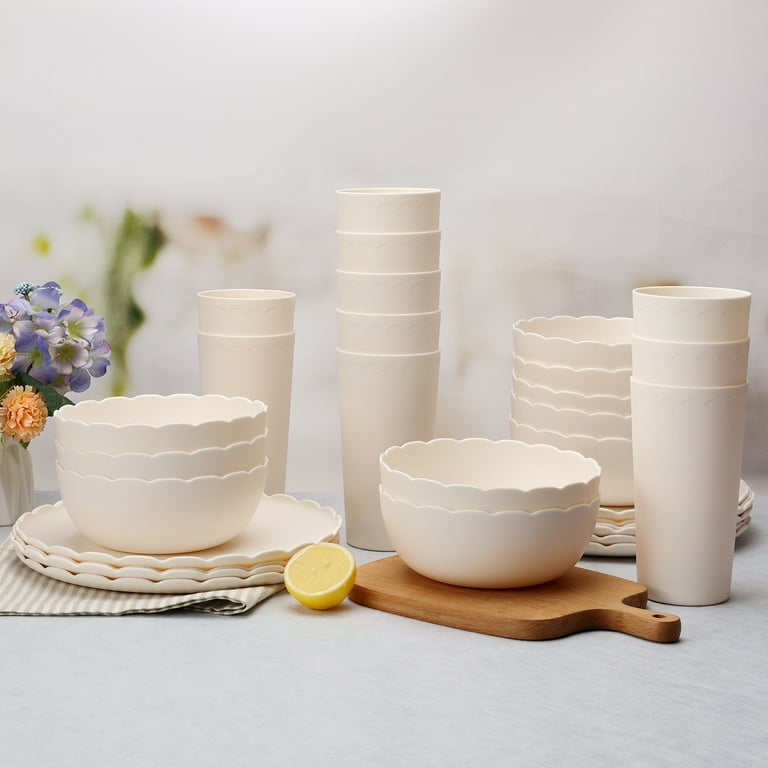Mainstays 30-Piece Plastic Scalloped Dinnerware Bundle Set, Cream