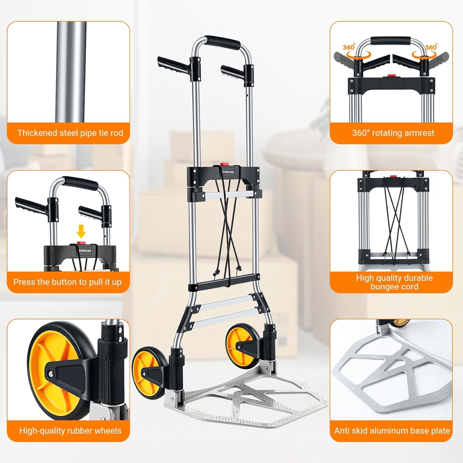 380 LB Capacity Folding Hand Truck Heavy Duty Foldable Dolly Cart with Wheels, Aluminum Collapsible Hand Cart Portable Trolley Dolley with Telescoping Handle for Moving Use
