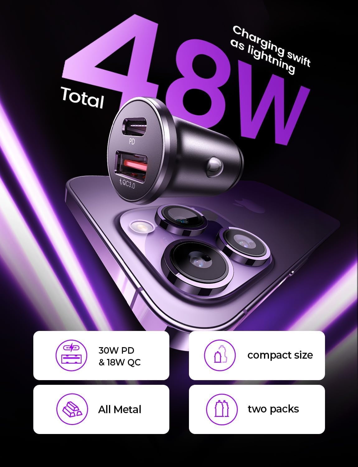 Car Charger USB C, 69W Cigarette Lighter USB Charger Adapter, Car Accessories Gifts for Men, Mini USBC Cars Fast Charging Adapter USBC Type C 12V Plug Outlet, for iPhone 17 Pro Max 16 15 14 13