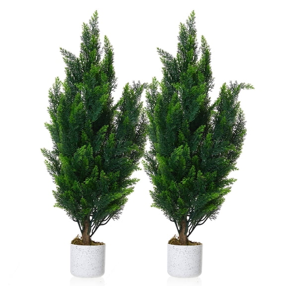 Artificial Cedar Topiary Tree 3FT Set of 2, Outdoor Faux Evergreen Pine Shrubs, Realistic Fake Plants Front Porch Decor, Potted Fake Bushes Cypress Trees UV Resistant for Home Front Door