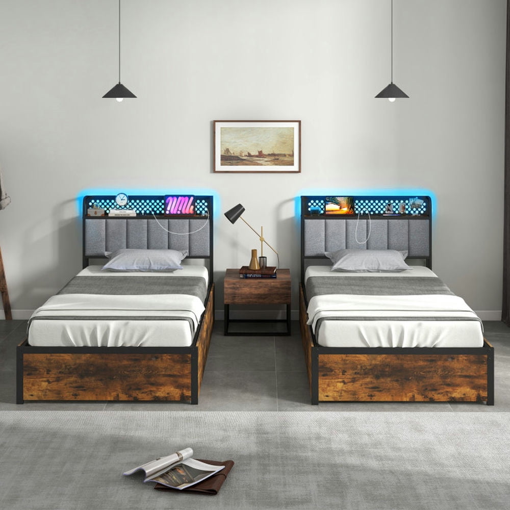 Yardi Yard Twin/Full/Queen Bed Frame with LED Lights Upholstered Headboard and 4 Storage Drawers-Twin size, Bed Frame