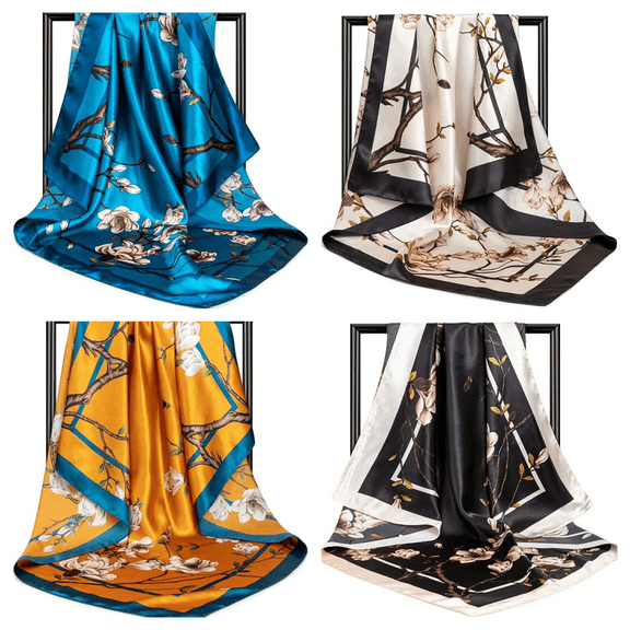 35" Large Square Head Scarf for Women - 4 Pack Silk-Like Satin Hair Bandanas | Classic Patterns, Lightweight & Non-Slip for Beach, Fashion, Hair Protection