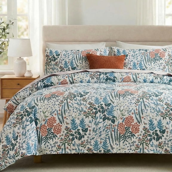 100% Cotton Duvet Cover , Blue and Red Floral Bedding Set with Zipper Closure, 3 Pcs Breathable and Soft Botanical Duvet Cover for All Season