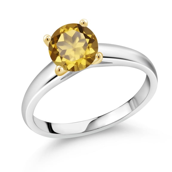 Gem Stone King 1.25 Ct 7mm Round Champagne Quartz 925 Silver and 10K Yellow Gold Ring Ring (Size 8)