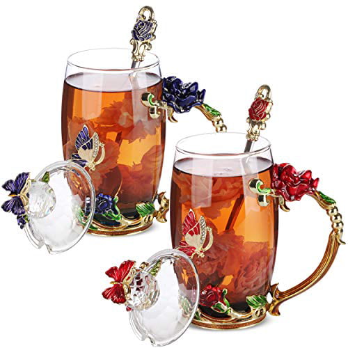 Pack of 2 Gifts for Wo BTaT- Tea Cups with Lids Glass Tea Cup Fancy Tea Cups 