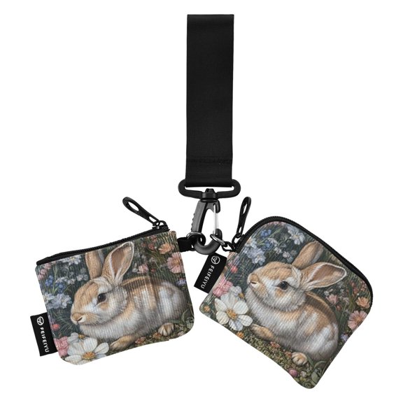 Portable Coin Purse Two 4.13x4.13 Iinches 4.13x3.5 Inches Wrist Coin Purse Keys Coin Purse Portable Women's Purse Garden Cute Gray Rabbit