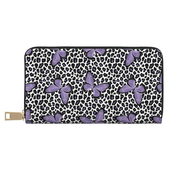 Leather Thin Slim Wallets for Women Men - Purple Butterflies Clutch Card Wallet for Women Men with Zipper