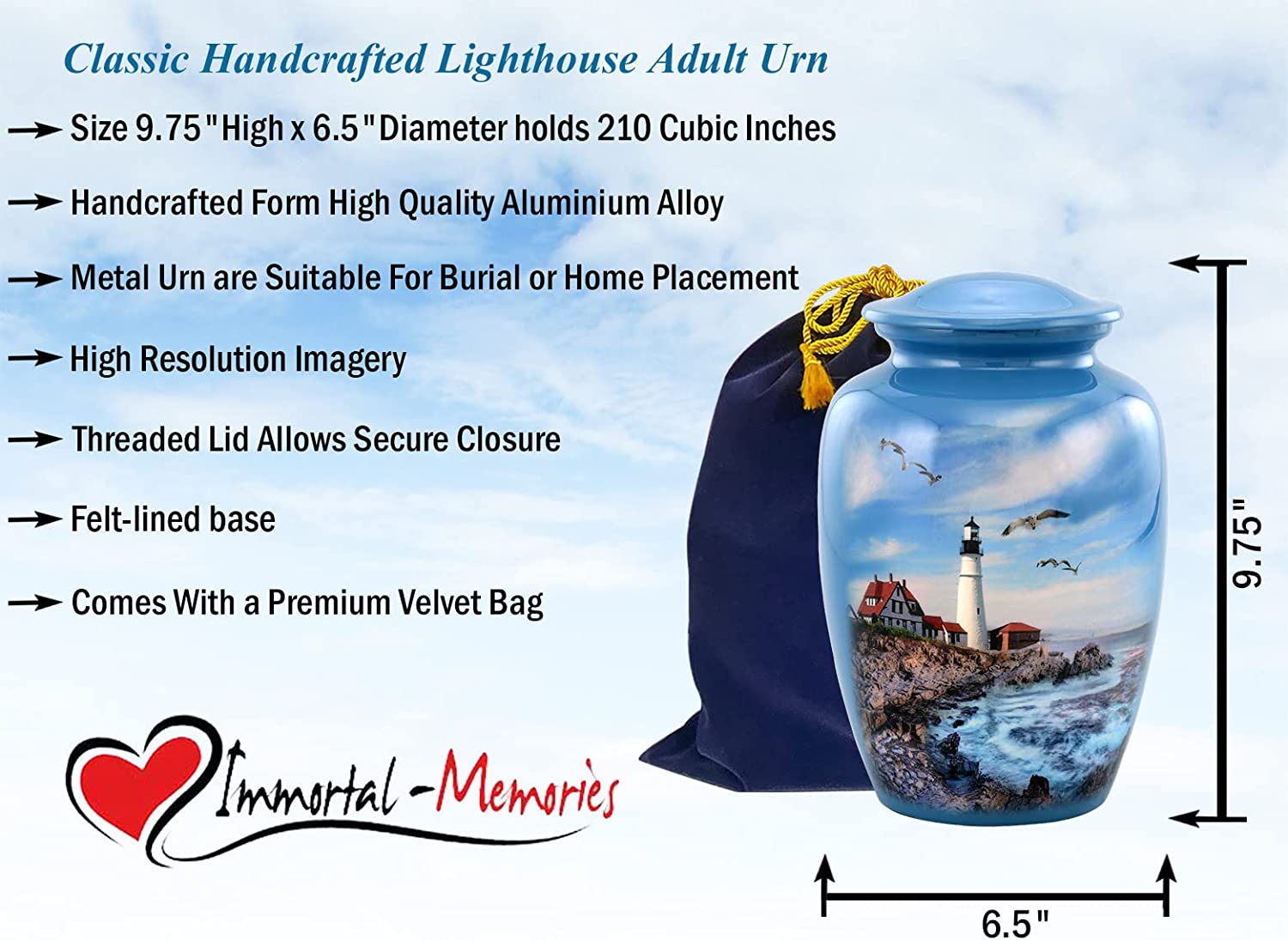 Lighthouse Large Adult Cremation Urn for Ashes, Blue Memorial Urn with Velvet Bag
