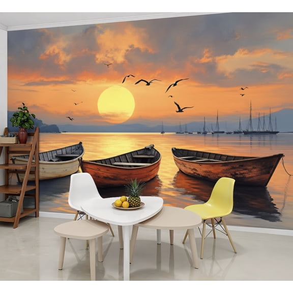 Wallpaper Wooden Boats Sunset Calm Water Orange Sky Birds Peel and Stick Wall Murals 69"H x 96"W Removable PVC Wall Paper Self-Adhesive Wall Paintings Art Decor for Bedroom Living Room