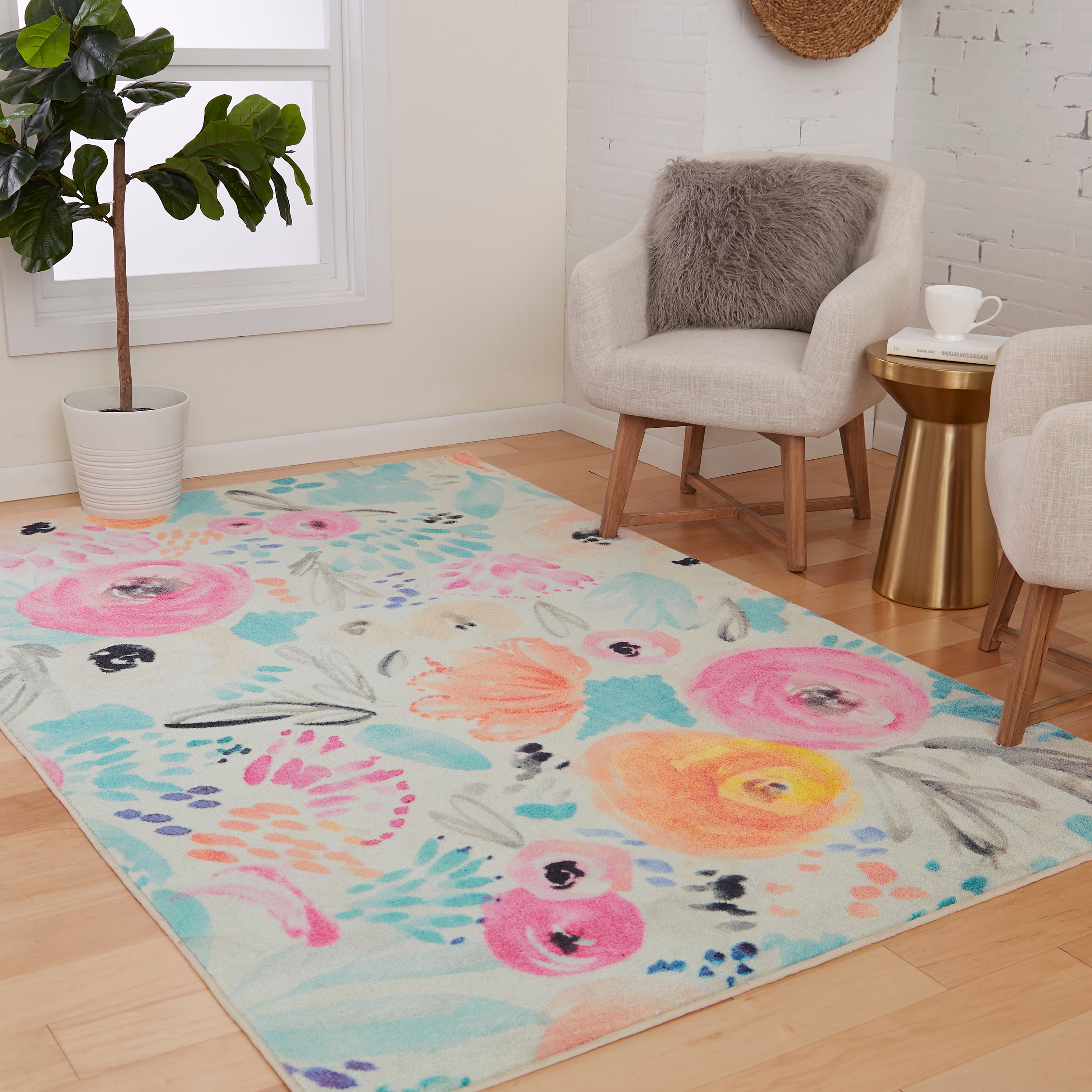 Living Room Bedroom Kitchen Decorative Unique Lightweight Printed Rugs ALAZA My Daily Colorful Floral Watercolor Spring Flowers Area Rug 4' x 5'3