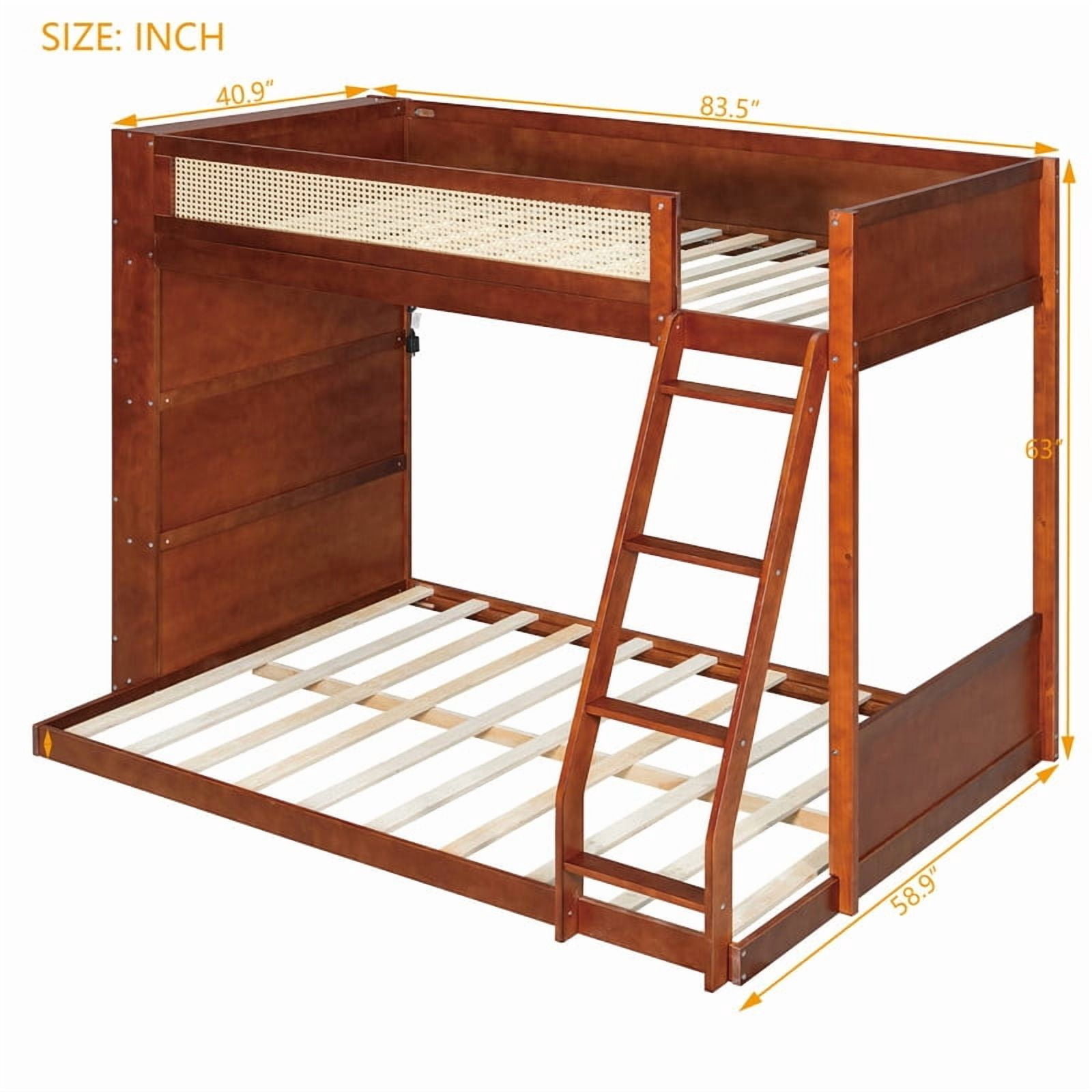 Twin-Over-Full Bunk Bed with Built-in Ladder & LED Strip, Storage Wooden Bed Frame with Bookshelf & Rattan Guardrail