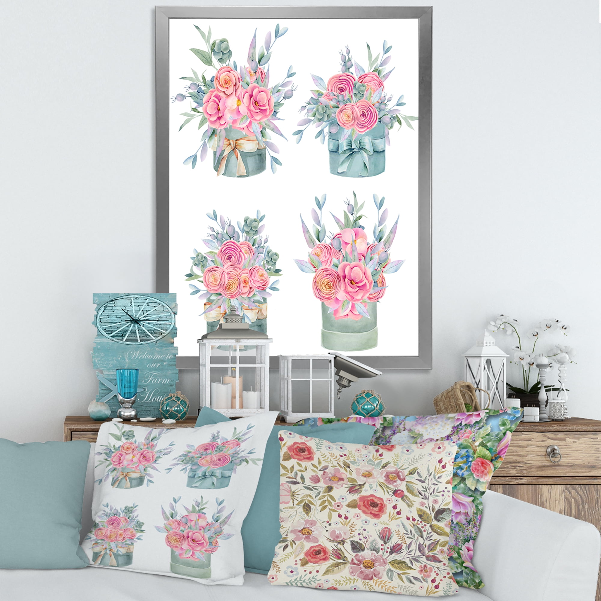 Designart 'Bouquets Collection of Pink Roses' Farmhouse Framed Art Print
