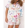 thumbnail image 4 of Yunliwuli Women's Satin Pajama Set, Lapel Neck Button Down Short Sleeve Tops + Elastic Waist Shorts 2 Pieces Lounge Sleepwear Set, 4 of 6